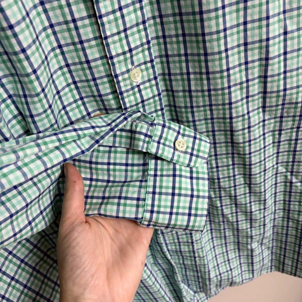 Polo Ralph Lauren Button Down Shirt Medium Green Blue Plaid Westerton Cotton